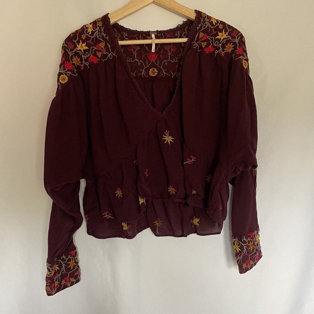 Free People Womens Embroidered Boho Blouse M purple comfortable top lightweight